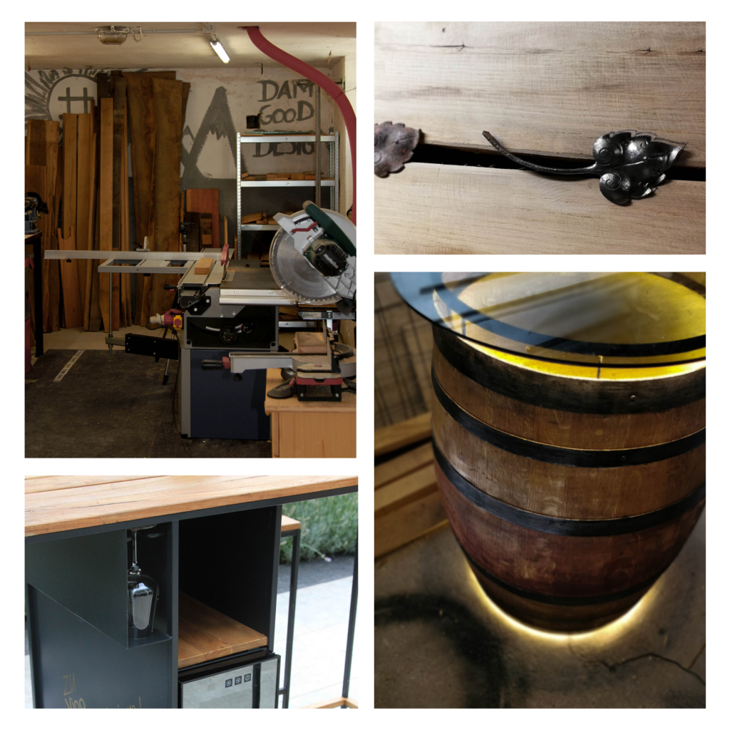Collage aus 4 Bildern: Ein Bild zeigt eine Werkstatt mit schweren Holzarbeit-Maschinen, Holz lehnt an der Wand, die Wand ist händisch bemalt, sehr modern; Bild 2 zeigt aus Metal geschmiedete Blätter als Deko-Elemente auf Holz; Bild 3 zeigt einen Weintisch aus Holz und Metall; Bild4 zeigt ein Weinfass dass zu einem Tisch gemacht wurde.